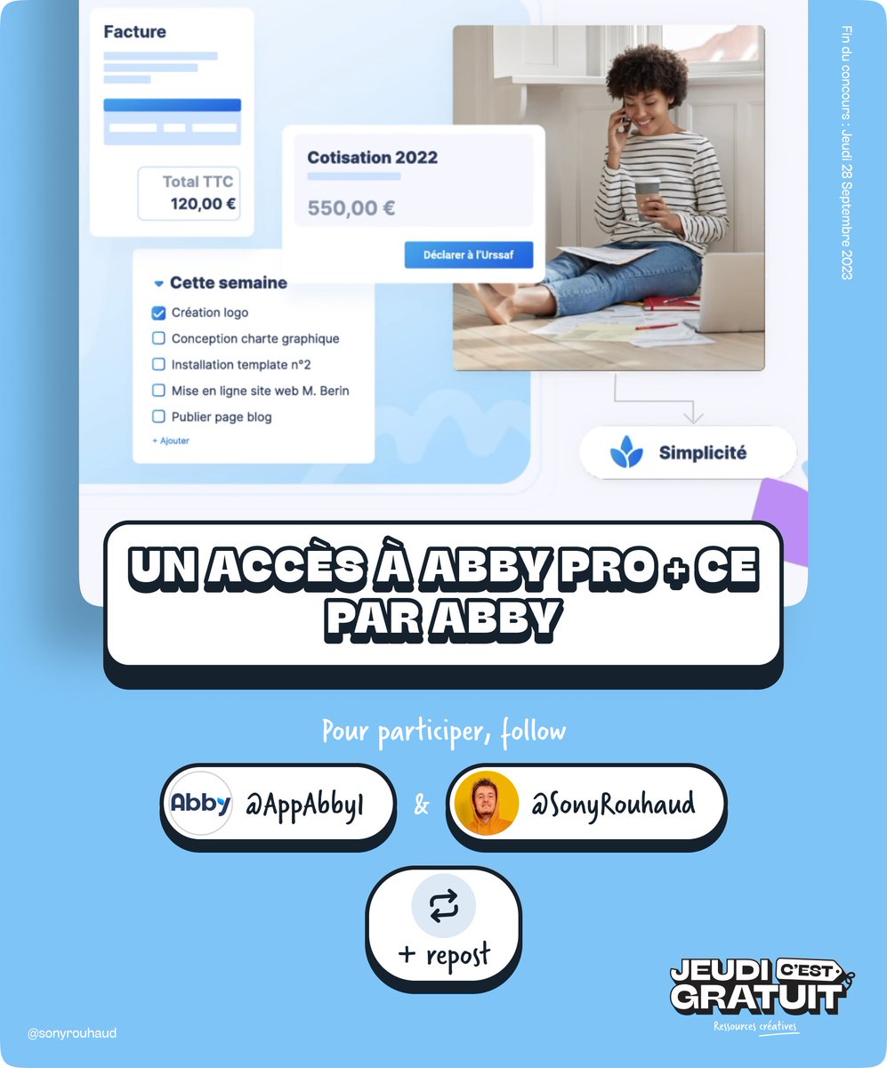 SonyRouhaud's tweet photo. 🎁 C’est déjà l’avant dernier cadeau. J’ai une collaboration fantastique avec Abby, le site de facturation pour freelance ! Ils offrent généreusement une licence PRO et un abonnement au CE, un super outil pour démarrer une activité d'indépendant ! Personnellement, je l'utilise dans mon activité et j'adore !

➡️ Pour tenter de les remporter, suivez @AppAbby1  et @SonyRouhaud + repost ce tweet. 💼✨ #JeudiCestGratuit1an #Concours" 📊🌟

Abby ils sont toujours partant pour des partenariats et c’est un super produit. Si vous voulez découvrir Abby c’est ici : https://t.co/nks7AKNaqf