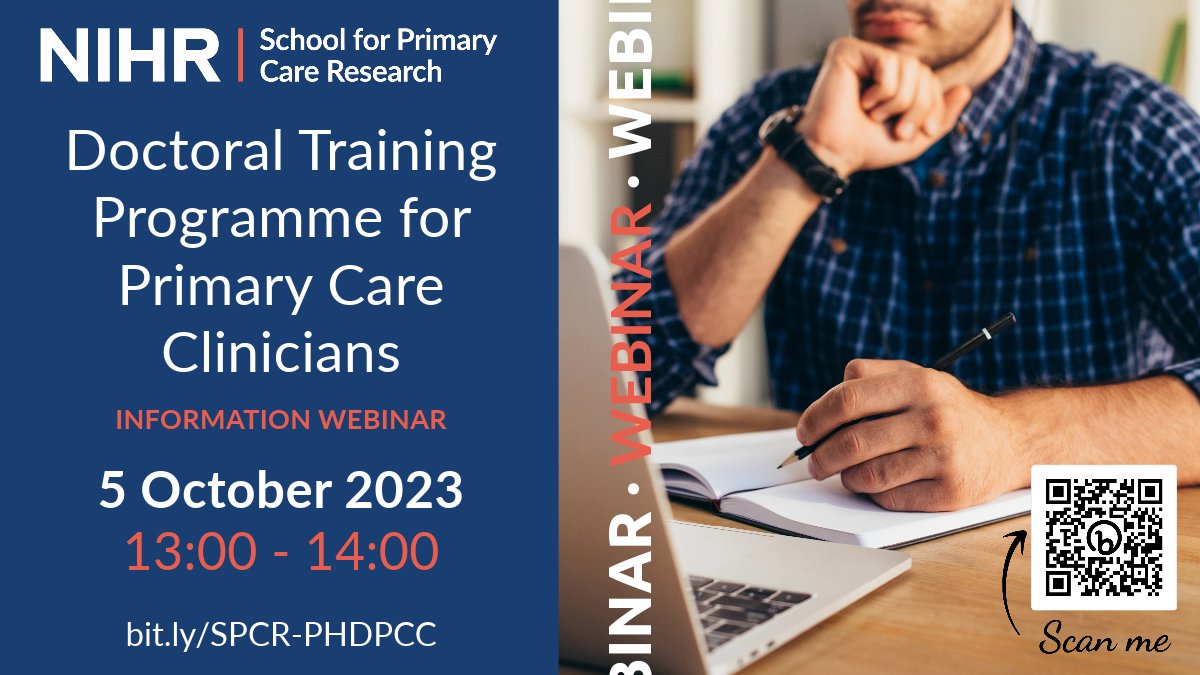 Interested in finding out more about the Primary Care Clinicians PhD Programme? Come along to our webinar: 5 October 13.00- 14:00 For full details and to register visit: spcr.nihr.ac.uk/events/doctora… @NIHRSPCR @wellcometrust @sapcacuk #PhD #PrimaryCare #Clinicians #doctoraltraining