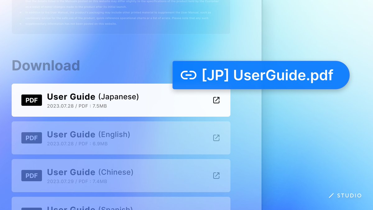 StudioDesign's tweet photo. 【PDFファイルをアップロードできるようになりました！】

PDF形式のファイルをデザインエディターからアップロード可能に✨
サイト上にファイルを掲載することで、サイト訪問者がファイルの閲覧・ダウンロードできるようになります🔥

アップロード方法は簡単！アップロードメニューで、PCのフォルダよりPDFを選択💡

ぜひ便利なPDFアップロード機能をお試しください！

#STUDIOのカイゼン