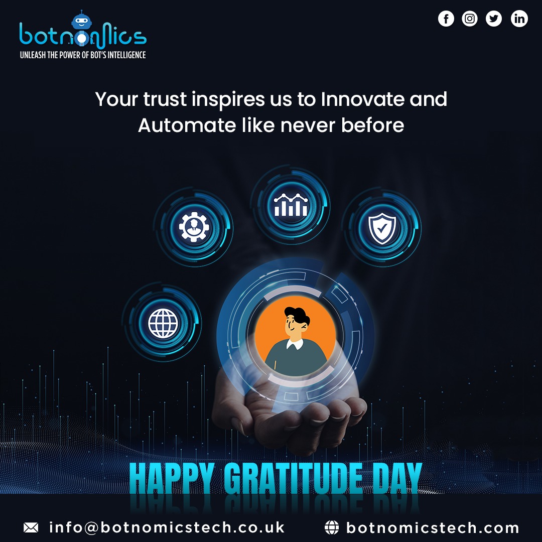 botnomics's tweet image. Embracing innovation and automation is our way of saying THANK YOU to the world on #GratitudeDay! 

At Botnomics, we&apos;re grateful for the opportunity to revolutionize customer service with ADDU.💡 

#AutomationInnovators #ChatbotRevolution #Botnomics