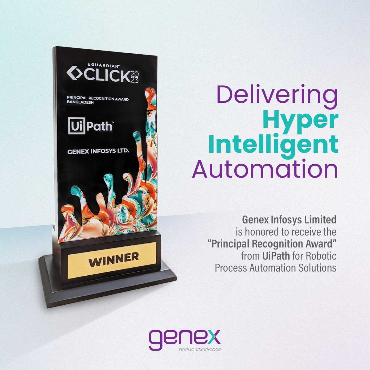 We're thrilled to announce that Genex Infosys Ltd. has received the prestigious 'Principal Recognition Award' from our esteemed technology partner, UiPath, at the recently concluded EGUARDIAN Annual Partner Conference – 'Click 2023' in Sri Lanka.