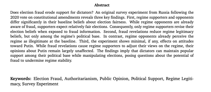 V. happy to share that my article 'Does Election Fraud Erode Support for Autocrats?' has been accepted @cps_journal I examine how RUS voters update beliefs abt elections, the RUS regime, and Putin when exposed to fraud revelations Here's a short-ish thread on the main findings