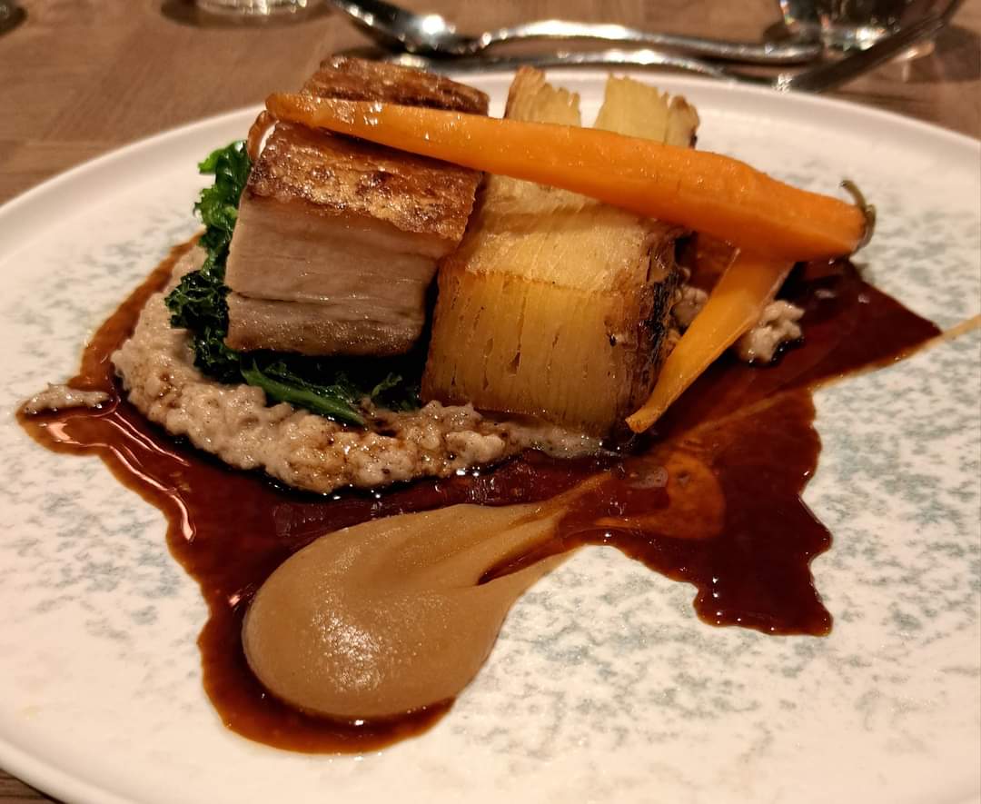 Eating Out: Mains: Pork Belly, Dauphinoise potatoes, White Pudding Porridge, Kale & Baby Carrots at Colson's Restaurant Exeter @indigoexeter #Exeter  #Devon @visitexeter #castlebridgehospitality #Exeter #hospitality exeter.hotelindigo.com