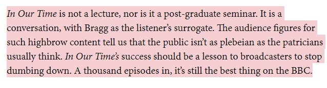 In Our Time broadcasts for the 1000th time and still remaining brilliant. 

Same holds true for writing: trust the reader, they're intelligent people and will get it. 

#inourtime #goodwriting 
spectator.co.uk/article/radio-…