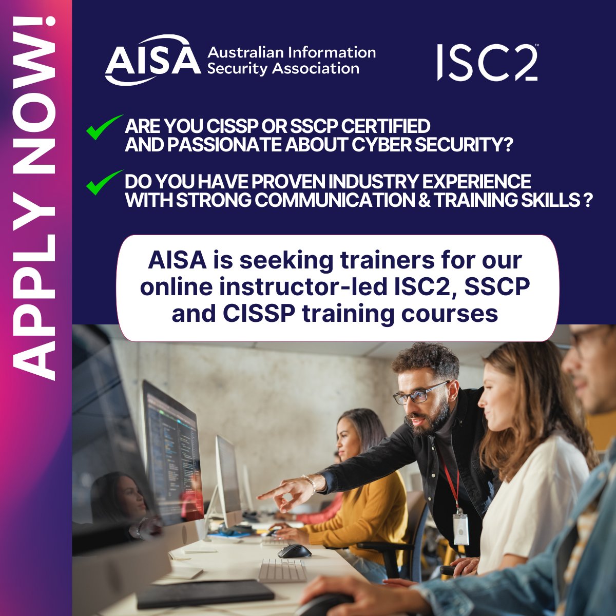 AISA_National's tweet photo. Are you experienced in cyber security with a passion for training and knowledge sharing?
If you're a CISSP or an SSCP with a passion to train others, we would love to hear from you!
Send your expression of interest to education@aisa.org.au
#CISSP #SSCP #Cyber #Sybersecurity https://t.co/4z4yFn9DnR