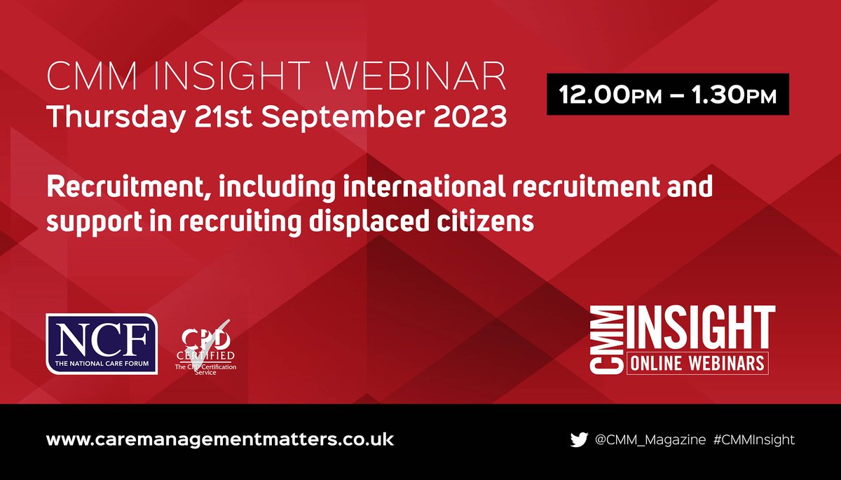 CareChoicesLtd's tweet image. #CareProviders, there's still time to join today's #free #CMMInsight #recruitment webinar
@NCFCareForum's Vic Rayner and Jasmine Peak, and @ba_healthcare's Richard Canavan discuss how #socialcare employers can create opportunities for international workers caremanagementmatters.co.uk/webinar/