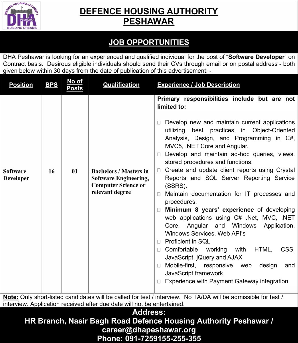 PeshawarDHA's tweet image. The closing date has been extended
#Job_Opportunity
#Attractive_Salaries
#Software_Developer