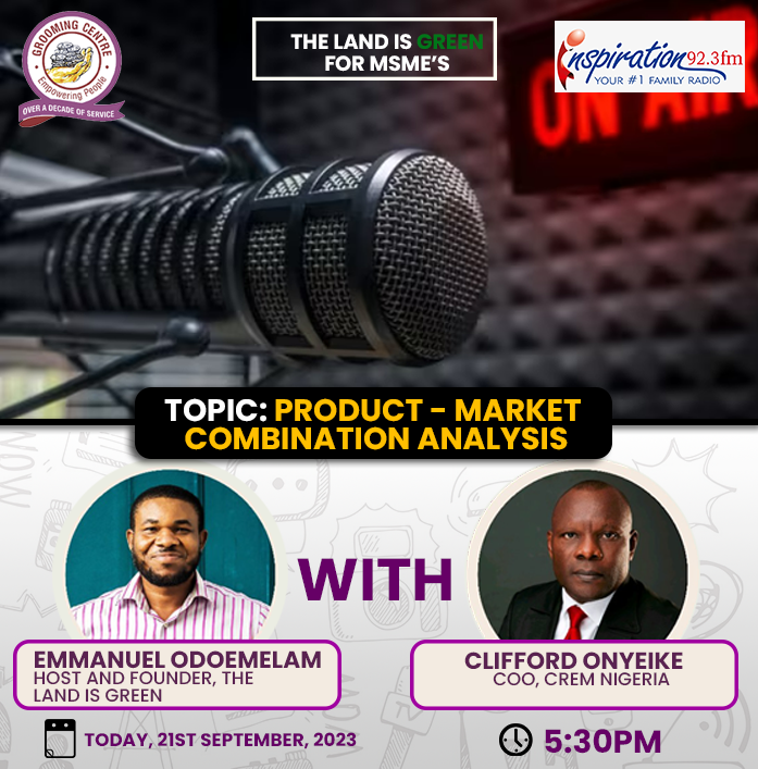 CREM_Nigeria's tweet photo. The COO of CREM, Mr. Clifford will be live on Inspiration 92.3 fm today by 5:30pm to discuss “Product - Market Combination Analysis”.   Ensure you tune in to Inspiration 92.3 fm to get gainful insight on “Product - Market Combination Analysis”. 

#CREMNigeria #GroomingCentre https://t.co/PjLqtE2Ahi