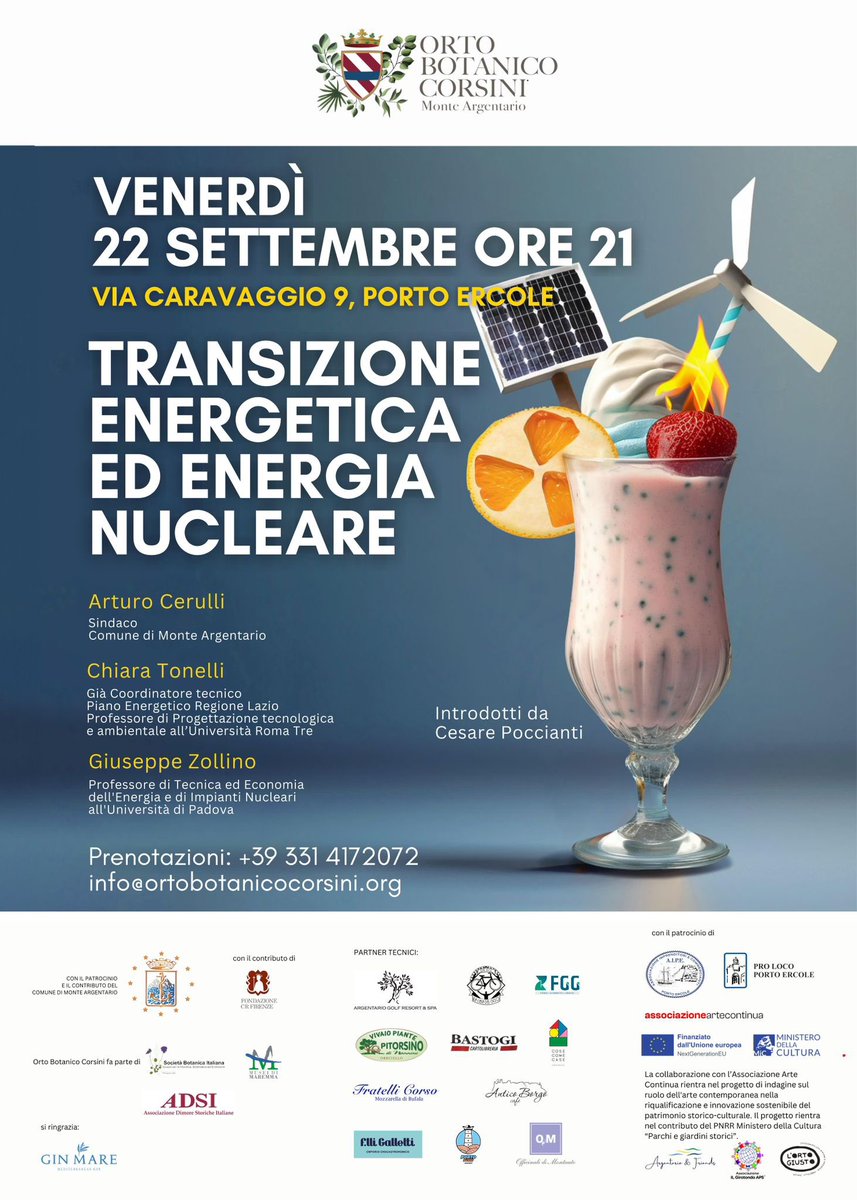 Venerdì sera discuteremo di transizione energetica e rinnovabili a Porto Ercole nella cornice dell’Orto botanico Corsini. In particolare cercheremo di capire pro e contro del tanto discusso #nucleare di terza generazione con <a href="/GiZollino/">Giuseppe Zollino</a>