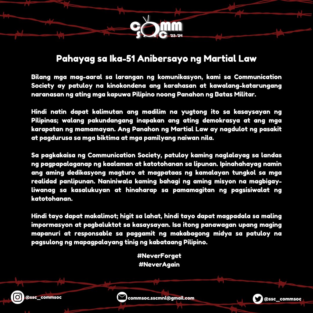 ssc_commsoc's tweet photo. Pahayag sa Ika-51 Anibersayo ng Martial Law

#NeverForget
#NeverAgain
#SSCManilaCommSoc
#CommunicationSociety https://t.co/G3VQeEEEzl