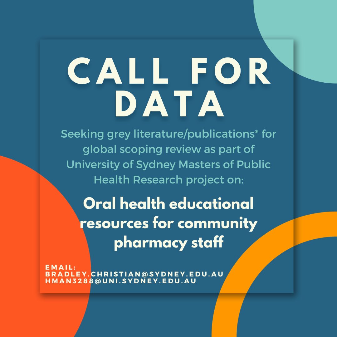 Prof Ajesh George (@ajeshgeorge_) on Twitter photo Do you have any information on grey literature/publications* on #OralHealth educational resources specifically designed for community #Pharmacists and pharmacy staff? *posters, training manuals, guidelines etc. We would love to hear from you.
bradley.christian@sydney.edu.au Do you have any information on grey literature/publications* on #OralHealth educational resources specifically designed for community #Pharmacists and pharmacy staff? *posters, training manuals, guidelines etc. We would love to hear from you.
bradley.christian@sydney.edu.au