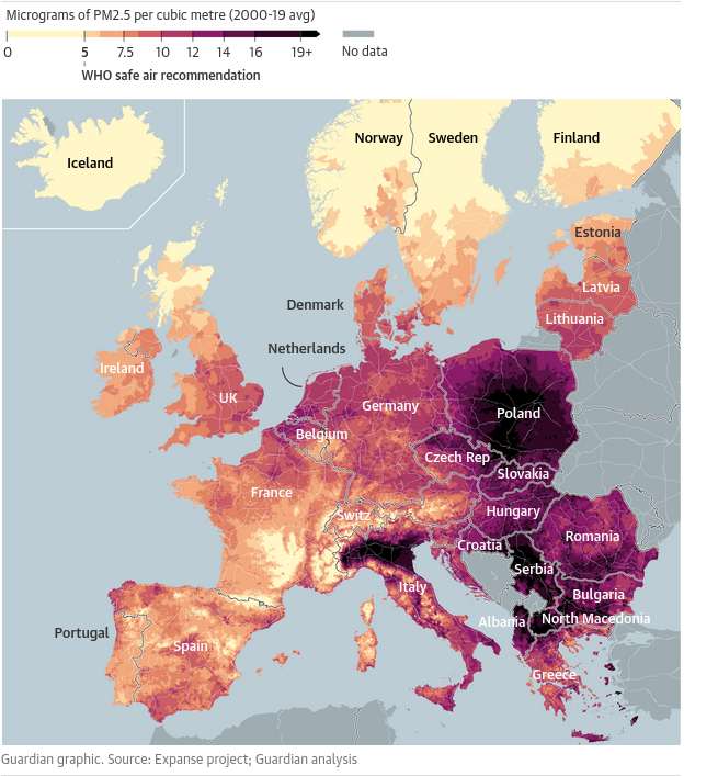 Cette carte publiée par <a href="/guardian/">The Guardian</a> fait froid dans le dos. Quasi toute l'UE respire un air toxique. 2 sources principales: le transport routier et le chauffage. Une seule solution: diminuer la place des énergies fossiles et passer au 100% renouvelable! 
theguardian.com/environment/20…