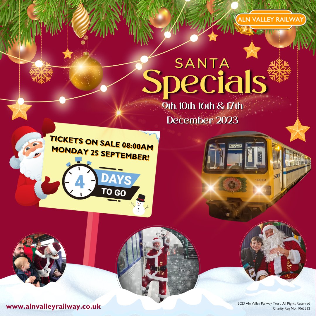 🔸️🎄🔸️𝗢𝗡𝗟𝗬 𝟰 𝗗𝗔𝗬𝗦 𝗨𝗡𝗧𝗜𝗟 𝗟𝗔𝗨𝗡𝗖𝗛 𝗗𝗔𝗬!🔸️🎄🔸️ 🎅 Our Santa Specials will be running on 9, 10, 16, 17 Dec Trains depart Lionheart Station at 11:30, 12:30, 13:45, 14:45, 15:45, & 16:45 𝗣𝗥𝗜𝗖𝗘𝗦 £𝟮𝟱 per child £𝟳 per adult alnvalleyrailway.co.uk