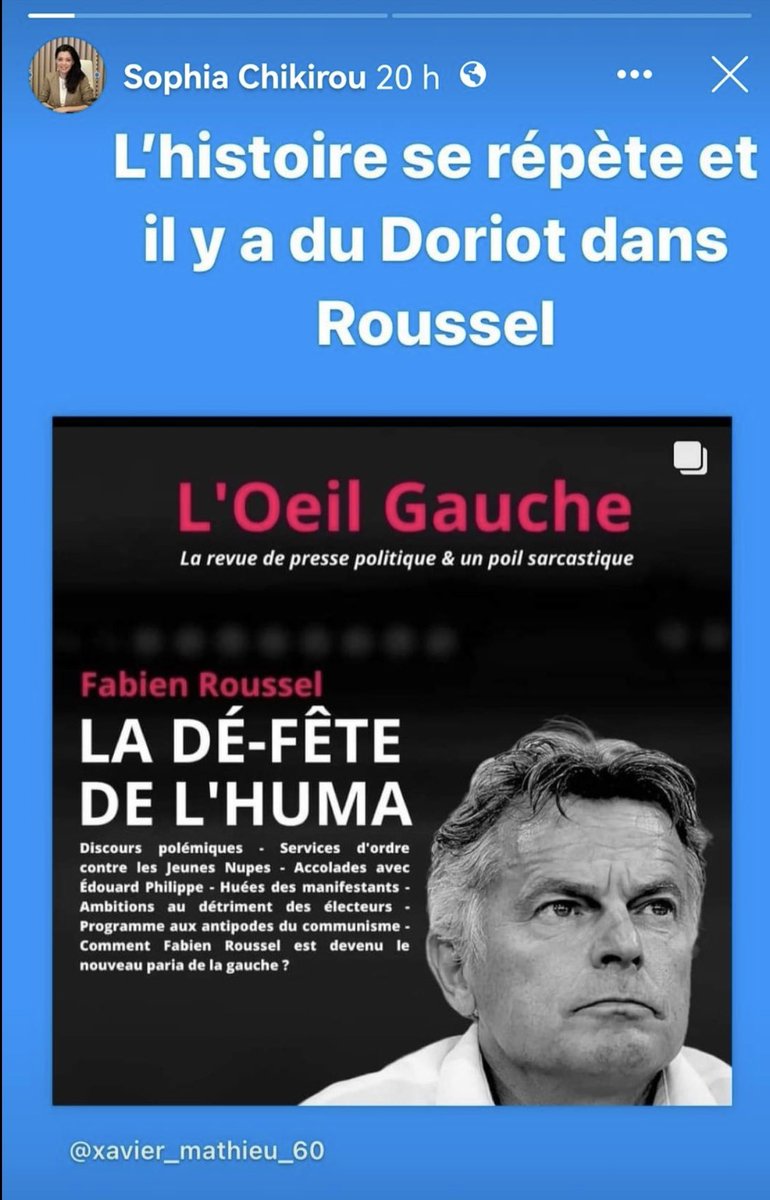 Chère Madame Chikirou,

Je découvre ce matin que vous comparez Fabien Roussel à Jacques Doriot, un collaborateur tristement célèbre, qui aura été jusqu’à combattre avec l’uniforme allemand alors qu’il était militant communiste.

Bien que je ne sois pas du tout pro-#Roussel (je