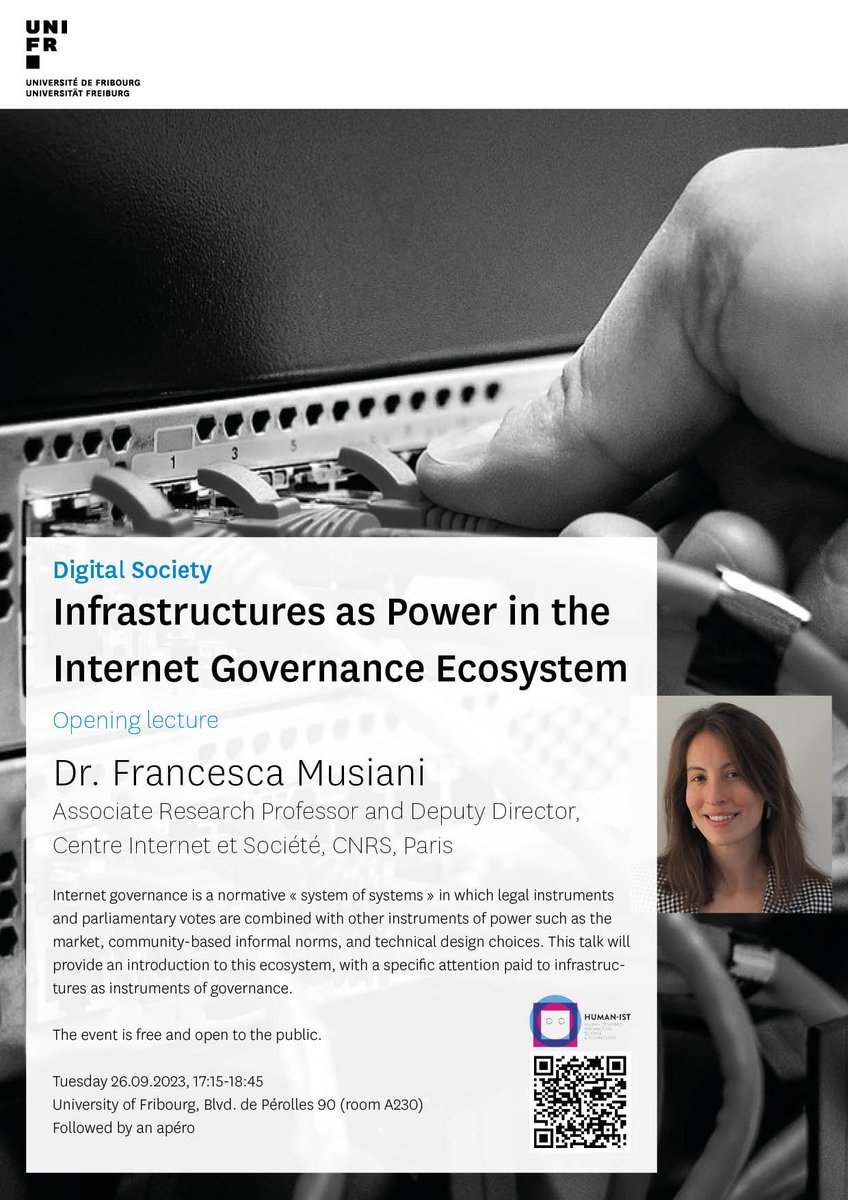 franmusiani's tweet photo. I'm delighted to deliver the opening lecture of the "Digital Society" cycle at the University of Fribourg @UnifrResearch next Tuesday, September 26. I'll be speaking about #infrastructure as #power in the #Internet #governance ecosystem: https://t.co/nWxclTsqGl https://t.co/PfjSmqfGw5
