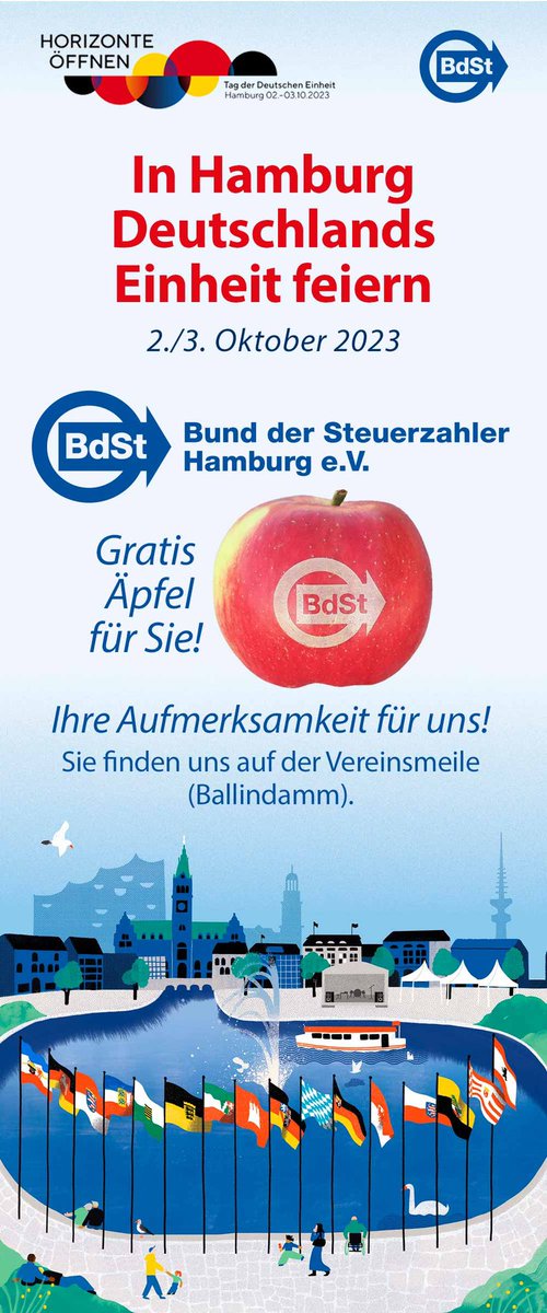 Wir freuen uns - und sind auch schon etwas aufgeregt.
Zum ersten Mal beteiligen wir uns am Fest zum "Tag der Deutschen Einheit" mit einem Stand.
Kommen Sie gern vorbei. Wir freuen uns auf Sie.

#tagderdeutscheneinheit #hamburg #steuerzahlerhh #bdst @tde_hamburg_23