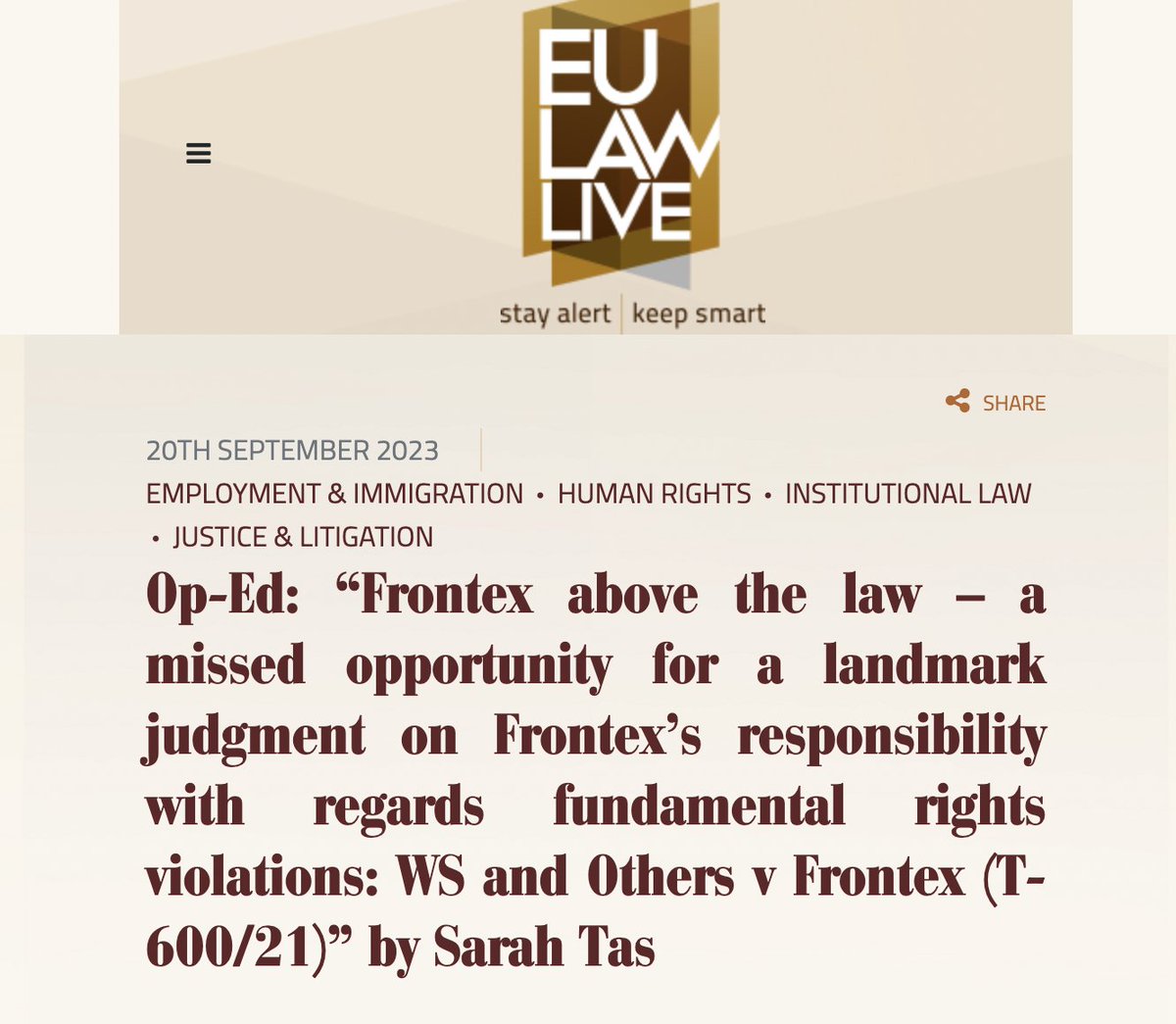 I am glad to share my thoughts on the WS and Others v Frontex case in @EulawLive - in it, I discuss Frontex's obligations, the shared responsibility, and the ever-existing accountability gap of Frontex (particularly regarding internal mechanisms). See eulawlive.com/op-ed-frontex-…