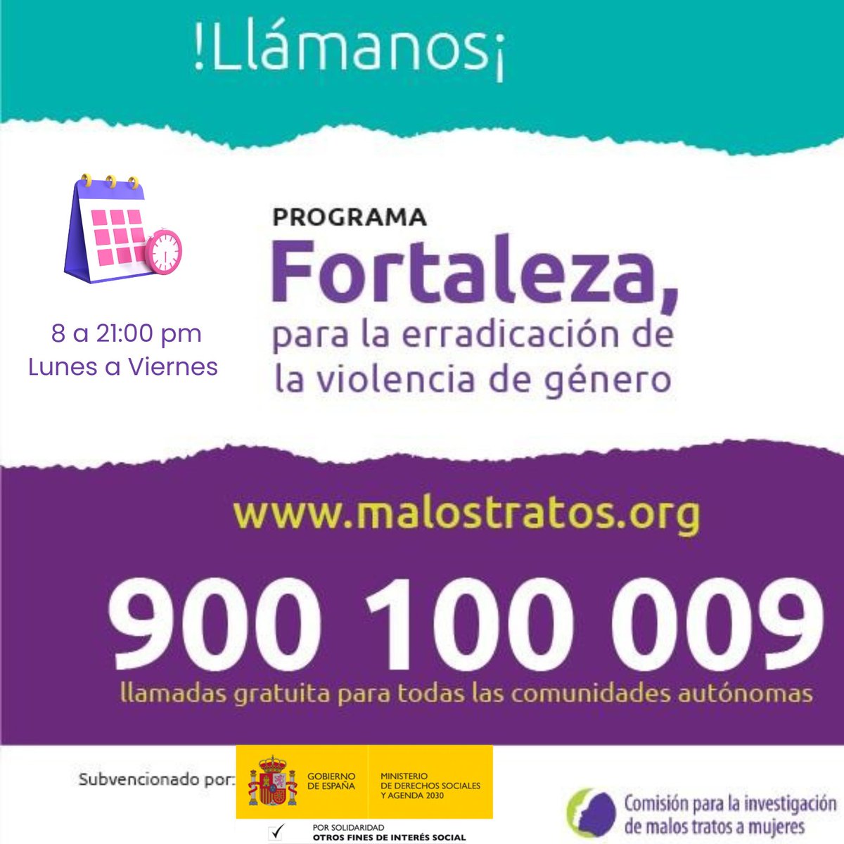 Si conoces a alguna amiga que esté pasando por una situación de violencia en pareja y no sabes cómo actuar, llámanos y te asesoramos. Nuestro teléfono está a disposición de padres, madres y entorno. 

#ProgramaFortaleza. 📞Tlf gratuito 900 100 009

malostratos.org/programa-forta…