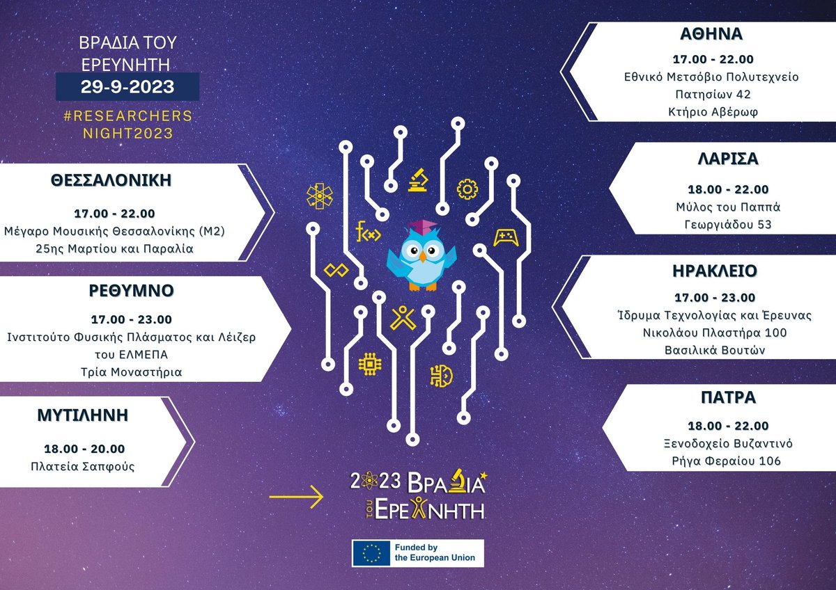 Βραδιά του Ερευνητή 2023❗

Στις 29/9/2023, 7 πόλεις, χιλιάδες ερευνητές και επιστήμονες, πανεπιστήμια και ερευνητικά κέντρα, συντονίζονται για να μας γνωρίσουν καλύτερα με την έρευνα.

Σας περιμένουμε σε Θεσσαλονίκη, Αθήνα, Ρέθυμνο, Λάρισα, Μυτιλήνη, Ηράκλειο και Πάτρα!