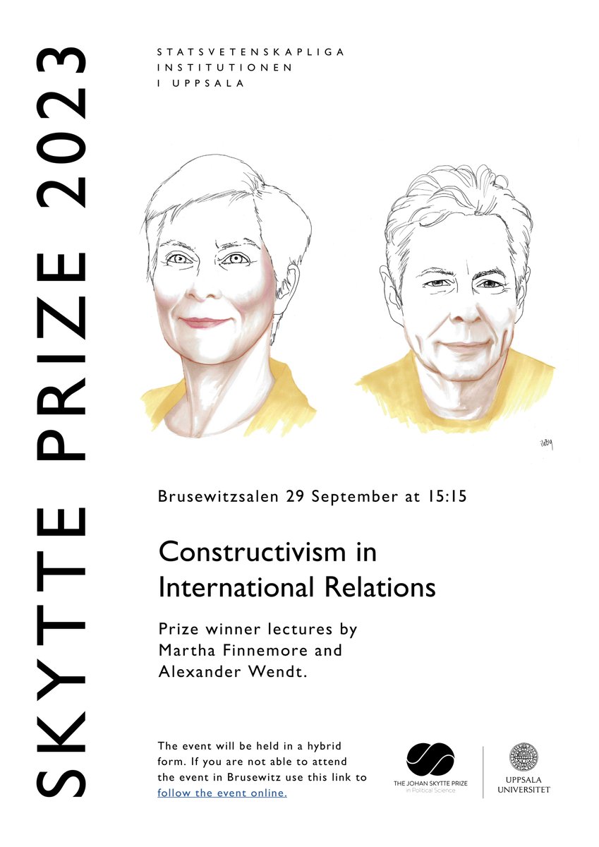 On Sep 29, starting at 15:15 CEST, we welcome you to follow the Prize winner lectures of this year's Skytte prize laureates, Martha Finnemore and Alexander Wendt. To follow the event which will be streamed from @UU_PoliSci @UU_University click here: streamio.com/api/v1/live/5e…