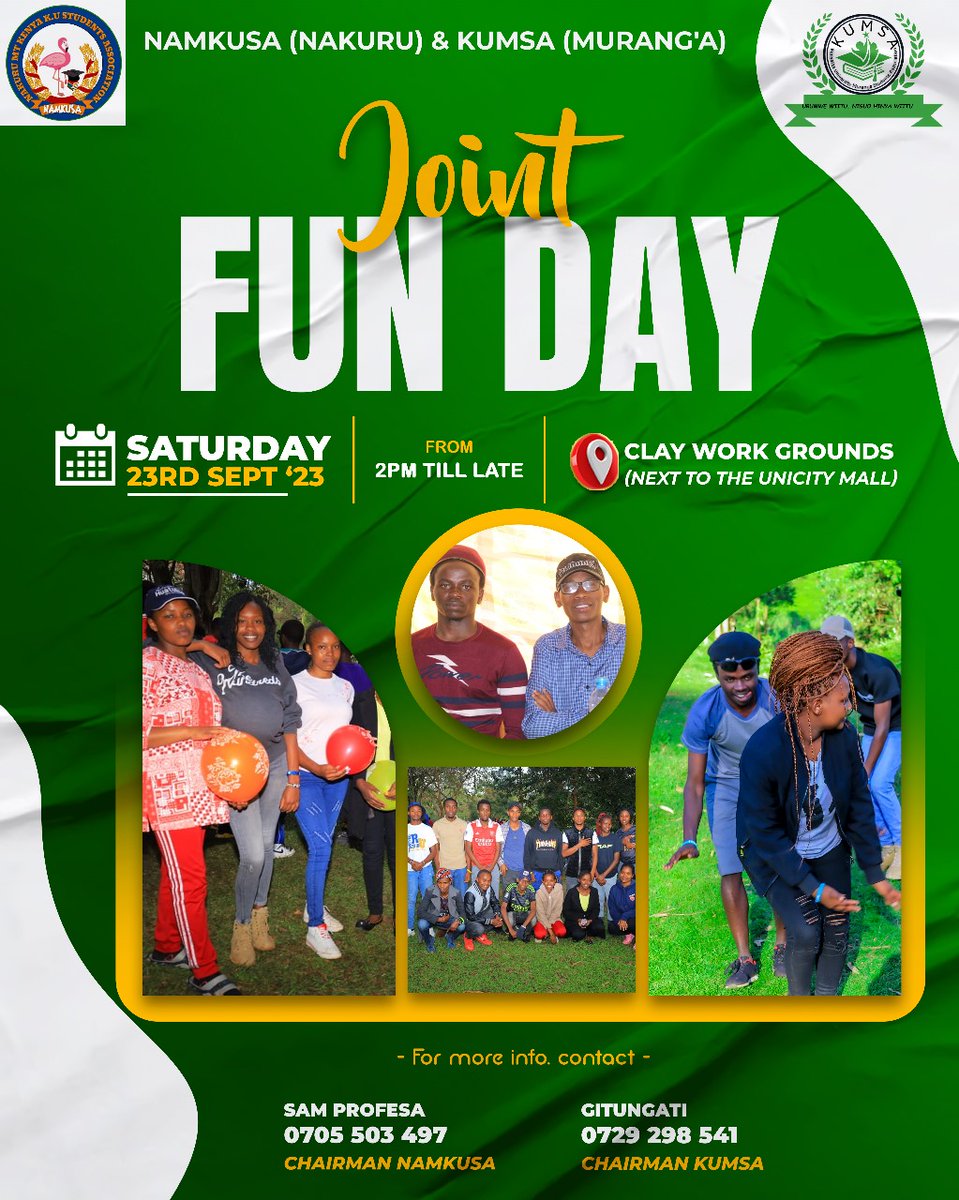 NAM_KUSA's tweet photo. Our Mega Joint FunDay will be held  This Saturday on the 23rd Day of September 2023 at Clayworks grounds next the Unicity Mall.

@NAM_KUSA AND @Kumsa23 First year induction will also take place.

Entertainment &amp; Refreshments will be in Plenty.💥✍🏼

Tupatane Clayworks Satoo🔥 https://t.co/L9qIsZ7YKe