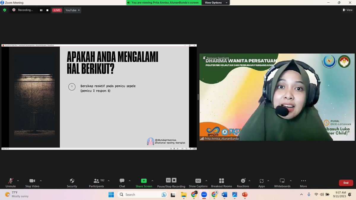 pkp_pangandaran's tweet image. Matei mengenai &quot; Membasuh Luka Pengasuhan (Inner Child)&quot; disampaikan oleh Ibu Prita Annisa Utami, S.S, CH, CHt pada acara webinar &quot; Mental Health&quot; yg diadakan oleh DWP PKPP, Kamis (21/9) @bppsdm_kp #kkp #dwp #pkpp #pangandaran