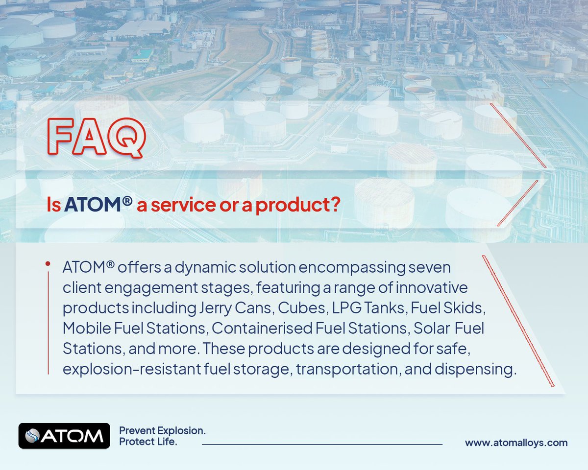atomalloyssafe's tweet photo. Is ATOM a service or a product? The answer: It's both! ATOM® offers a comprehensive solution with innovative, explosion-resistant fuel solutions. Learn more at https://t.co/eS9FuaihOH.
#staysafewithfuel #atomalloys #oilandgasindustry #logistics #technology #innovation https://t.co/Z18KslX9Pg