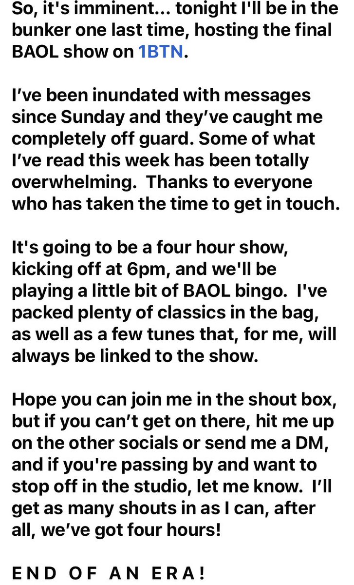 Outta here (@steve_kiw) on Twitter photo Tonight, the final <a href="/B_A_O_L/">Balearic Assassins Of Love</a> show after 8 1/2 years on <a href="/1BTNradio/">1BTN</a> - going out on a high with a four hour celebration… thanks to everyone who has been in touch since the weekend. Tonight, the final <a href="/B_A_O_L/">Balearic Assassins Of Love</a> show after 8 1/2 years on <a href="/1BTNradio/">1BTN</a> - going out on a high with a four hour celebration… thanks to everyone who has been in touch since the weekend.