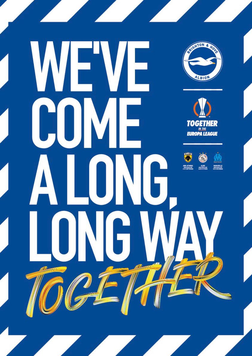 OandG's tweet photo. Good luck tonight @OfficialBHAFC 💙🤍 Our first European match and we can't wait! Keep an eye out around town for our free European Supporter Packs distributed to venues in partnership with @Love_Brighton #BHAFC https://t.co/sGDXHnjZhV