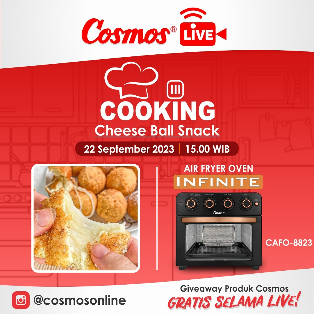 cosmosonline's tweet photo. Jgn sampai ketinggalan Cosmos Fun Live Cooking Edisi Cheese Ball Snack menggunakan Air Fryer Oven CAFO-8823 🎉
Cocok banget nih buat snack / cemilan utk keluarga atau pas kumpul bareng teman-teman..

#BanggaCosmos #Ovenairfryer #resepsnack #cheeseballsnack #CosmosFunLiveCooking https://t.co/sdBHUuQ8A8
