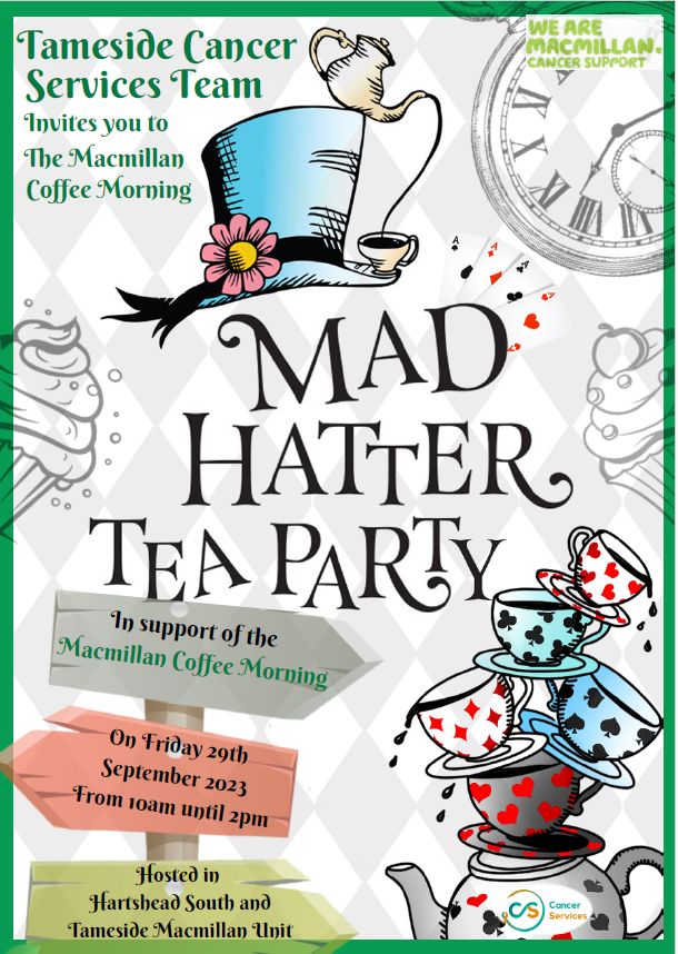 The annual Macmillan Coffee Morning! ☕️Join our Tameside Cancer Services Team and visit the Macmillan Unit and Hartshead South for tasty treats, cakes and have a lovely cuppa to raise money for Macmillan. We'll see you there!🧁🍰 @k_mantron @StephGooder