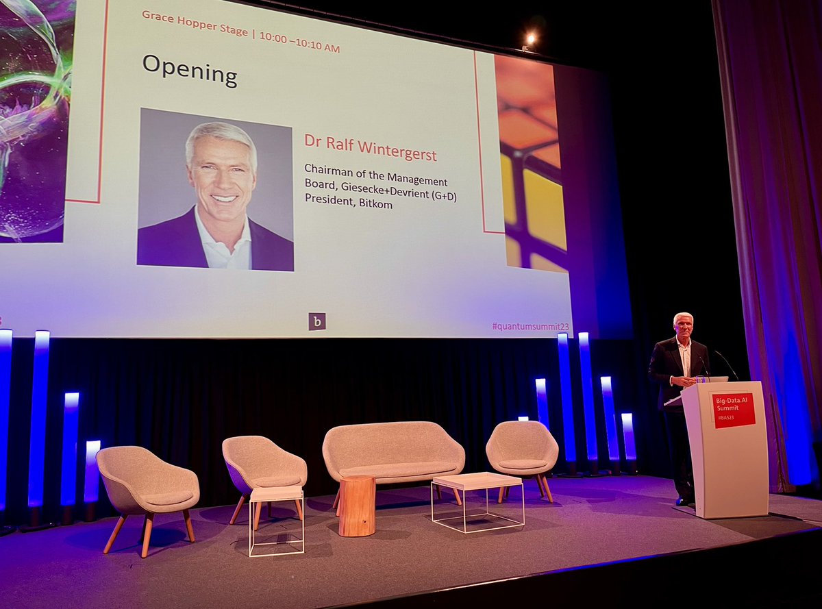 The second day of #BAS23 & #quantumsummit23 is opened by Dr @RalfWintergerst, President of @Bitkom. He emphasizes: 'We all, policy makers and companies, have a mandate to work together with those who actually use #AI: people.'