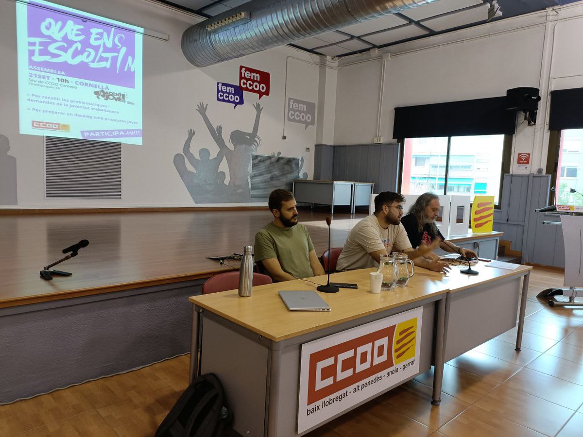 JovesCCOO's tweet photo. ❗️ Iniciem la primera assemblea de #QueEnsEscoltin a Cornellà amb l'obertura del Pol Mena, responsable d'Acció Jove a @ccoo_bll_apag i l'Adrià Junyent, Secretari de @JovenesCCOO.

Volem sentir quines són les demandes de la joventut treballadora organitzada al sindicat. https://t.co/vTVSLXWgSW