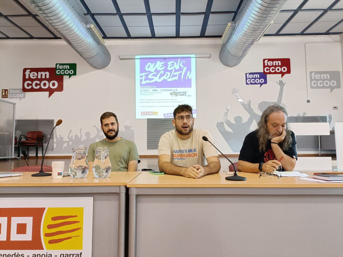 JovesCCOO's tweet photo. ❗️ Iniciem la primera assemblea de #QueEnsEscoltin a Cornellà amb l'obertura del Pol Mena, responsable d'Acció Jove a @ccoo_bll_apag i l'Adrià Junyent, Secretari de @JovenesCCOO.

Volem sentir quines són les demandes de la joventut treballadora organitzada al sindicat. https://t.co/vTVSLXWgSW