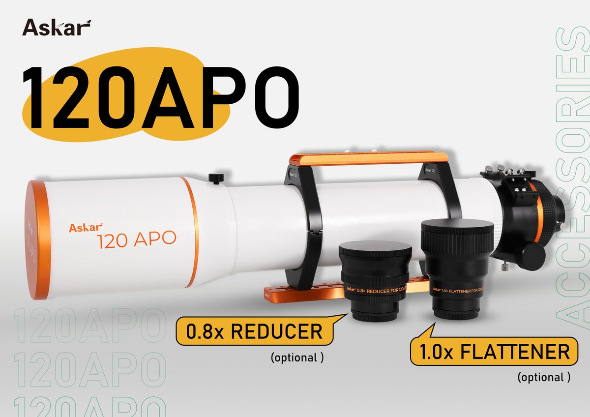 The Askar 120APO is coming！🥳
Askar 120APO is an OTA of 120mm aperture, 840mm focal length, and F7 focal ratio. 
It has two optional accessories:0.8x reducer and 1.0x flattener.
Click here to know more about it:
sharpstar-optics.com/Products_1/84.…
#120APO #Telescope