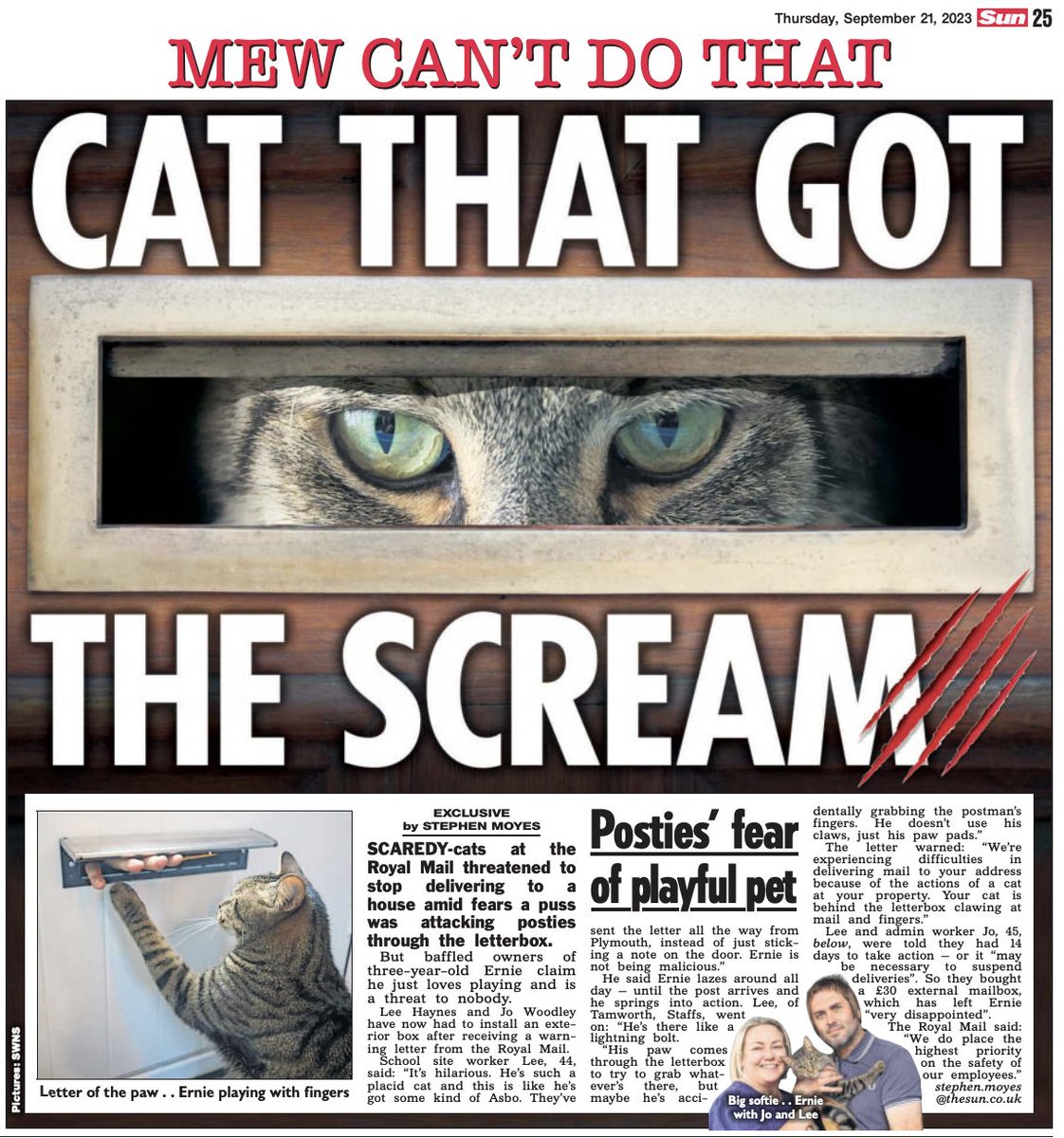 EXCLUSIVE in @TheSun - Royal Mail threatened to stop delivering to a couple - over claims their naughty cat was attacking the postman through the letterbox 🐈‍⬛📮 thesun.co.uk/news/24054165/… 🖋️ @KatePounds 📷 @AnitaMaric3