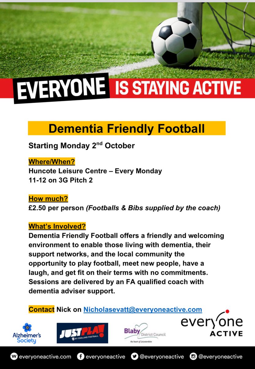 Everyone Active are hosting Dementia friendly football sessions! ⚽️

Starting Monday 2nd October, 11-12 at Huncote Leisure centre, £2.50 pay as you go!

To book your spot or find out more, email nicholasevatt@everyoneactive.com

#health #wellbeing #dementiafootball #letsgetmoving