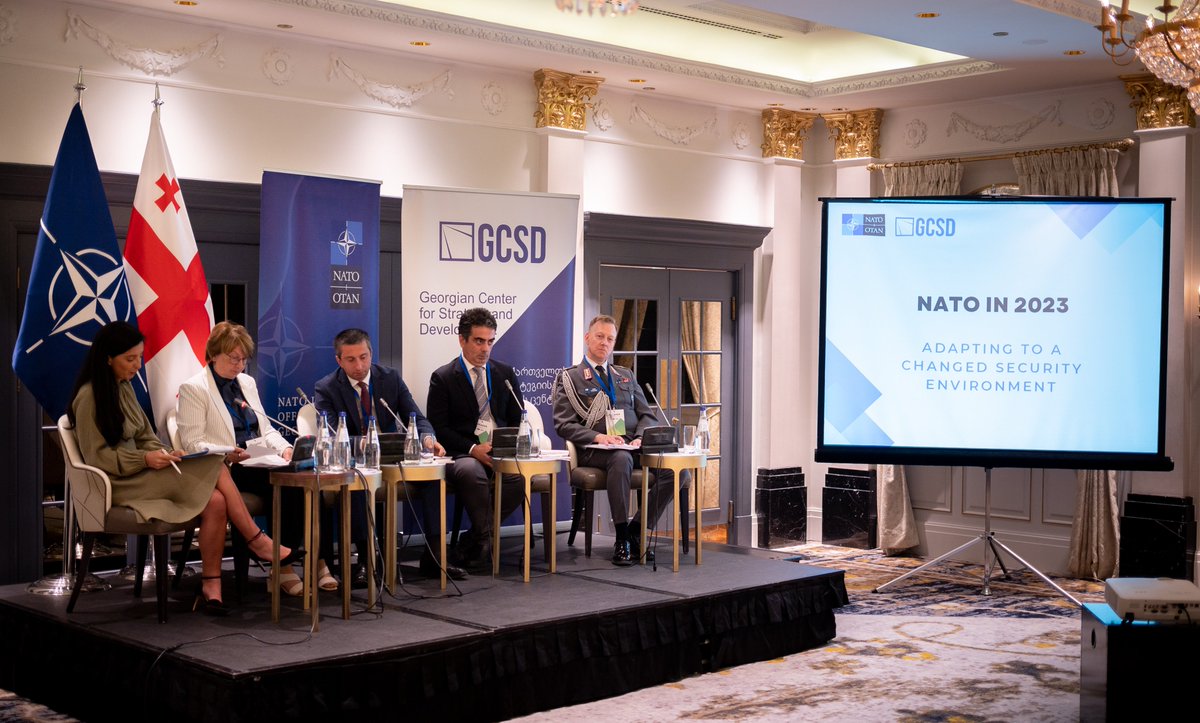 GCSDorg's tweet photo. The Georgian Centre for Strategy and Development (GCSD) and the NATO Liaison Office in Georgia (NLO) jointly organised a panel discussion on “NATO in 2023: adapting to a changed security environment” 
🔗Follow the link for more: https://t.co/0ZBGUub8nG https://t.co/dIUQX6zOy4