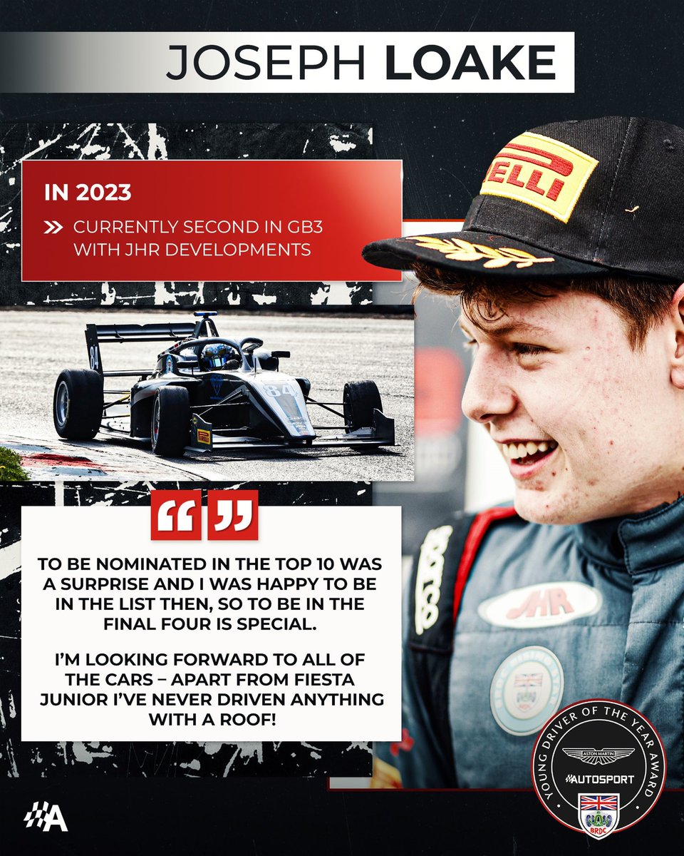 <a href="/CIFormula4/">GASghostETH</a> <a href="/redbull/">Red Bull</a> <a href="/PREMA_Team/">PREMA</a> <a href="/autosport/">Autosport</a> <a href="/astonmartin/">Aston Martin</a> <a href="/GB3Championship/">GB3 Championship</a> <a href="/GinettaCars/">Ginetta</a> <a href="/RodinCarlin/">Plan9</a> .<a href="/Joseph_Loake/">Joseph Loake</a> was impressive in the Fiesta Junior Championship as a 14-year-old, winning all 8 races in 2020. Moving to the <a href="/BritishF4/">Wera Tools British F4</a>, he claimed 7 total wins, before graduating to the @gb3championship in 2023, where he has 4 wins and sits second in the standings.

#amaba23