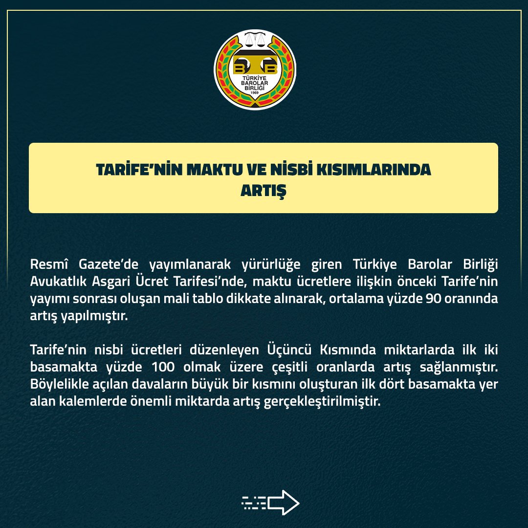huderkonya's tweet photo. AVUKATLIK ASGARİ ÜCRET TARİFESİ HAKKINDA:
2023 - 2024 Türkiye Barolar Birliği Avukatlık Asgari Ücret Tarifesi (AAÜT) Yürürlüğe Girmiştir: 
Tarife'de Ortalama Yüzde 90 Oranında Artış Sağlanmıştır.

👉 https://t.co/KQWG7f5Y2Z https://t.co/PemTpSGHP4