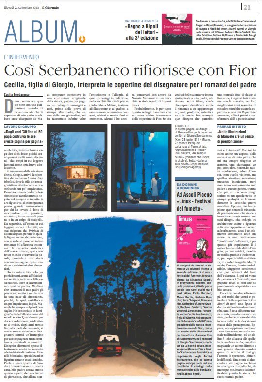 Cecilia Scerbanenco racconta le copertine di Manuele Fior per i romanzi di #GiorgioScerbanenco: domani ad Ascoli inaugurazione della mostra “Scerbanenco secondo Fior” in occasione di linus - festival del fumetto, ideato e diretto da @bettywrong. L'anticipazione su @ilgiornale