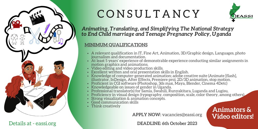 eassigender's tweet photo. 📣Calling all Animators &amp; Video editors!
EASSI is looking for a consultant/firm to animate, translate, and simplify The National Strategy to End Child marriage and Teenage Pregnancy Policy #Uganda 
Full details: https://t.co/RQfs6ShHLp
Deadline: 6th October 2023
#PowerToYouthUg https://t.co/iajJDNa6oM