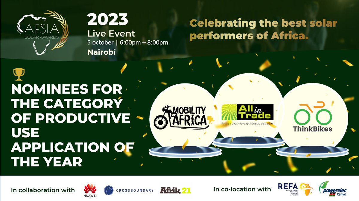 AFSIA_Official's tweet photo. AFSIA Solar Awards 2023 Nominees🎉
Congratulations to @MobilityAfrica, @Thinkbikesngl, and @Allintrade on their nominations for the " Productive Use Application of the Year" category at the #AFSIASolarAwards2023!🏆Secure your ticket now: https://t.co/XV0k8v1V5R 

#africasolar https://t.co/c10wXbUSyZ
