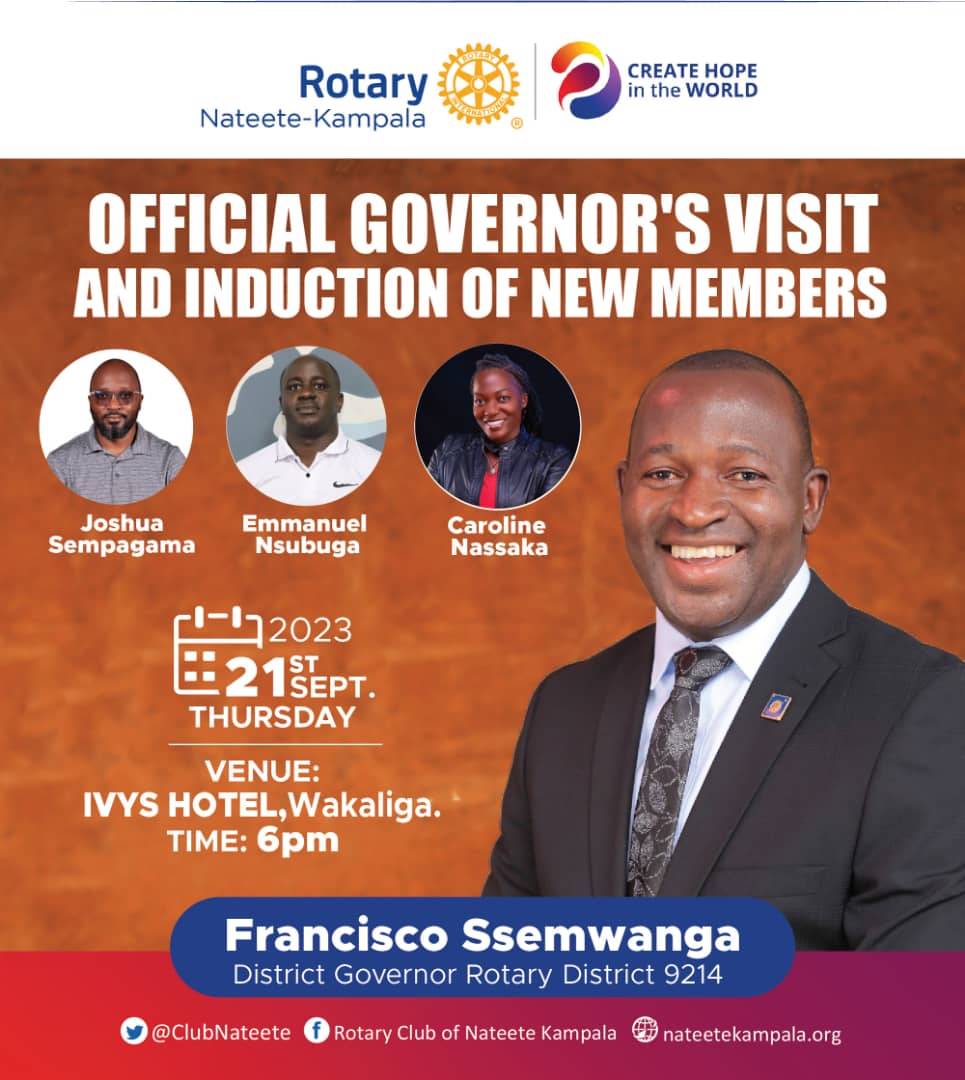 ClubNateete's tweet photo. Dear Partner's in Service and Friends, do join us Rotary Club of Nateete Kampala at Ivys Hotel Kampala today, Thursday at Ivys Hotel Kampala for the Official DG Ssemwanga Fransisco's Visit and Induction of our New Members. https://t.co/RVXFFHnBAC