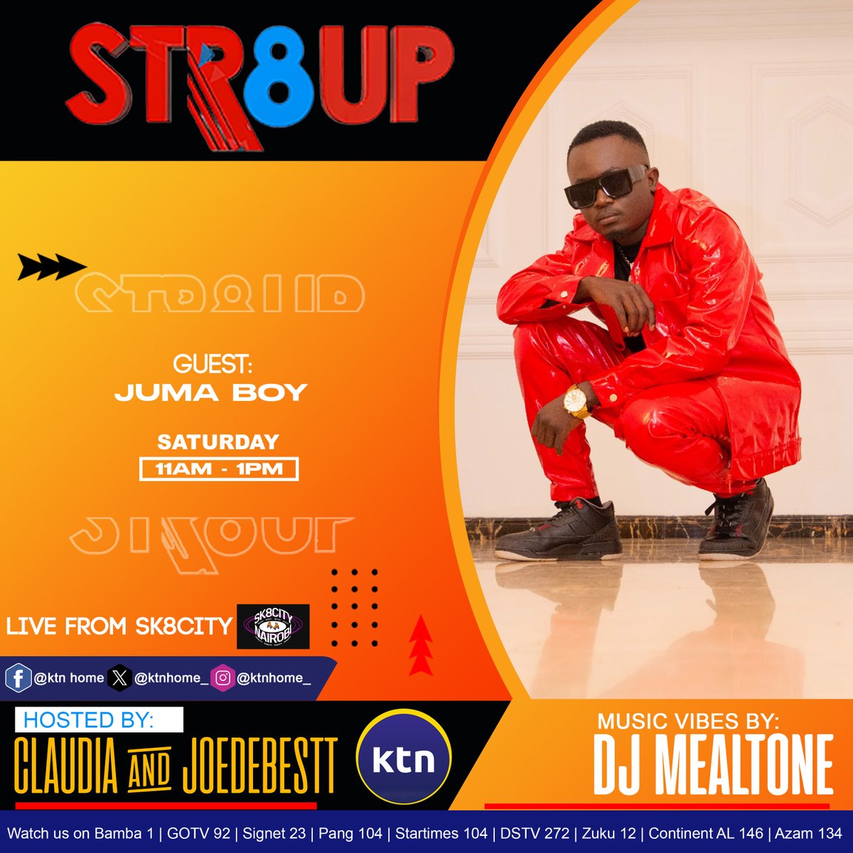 ktnhome_'s tweet image. HEAVY line-up this Saturday on #Str8Up🔥🔥 The show will be coming to you live from @Sk8cityNairobi  11AM - 1PM. Join the party live on @ktnhome_ 

@odi_wa_muranga @JUMABOY_ke @djmealtone @Claudianaisabwa @Joedebestt @ksankenya

Producer: @yustaseggy

#Str8UpLive #KTNWelcomeHome
