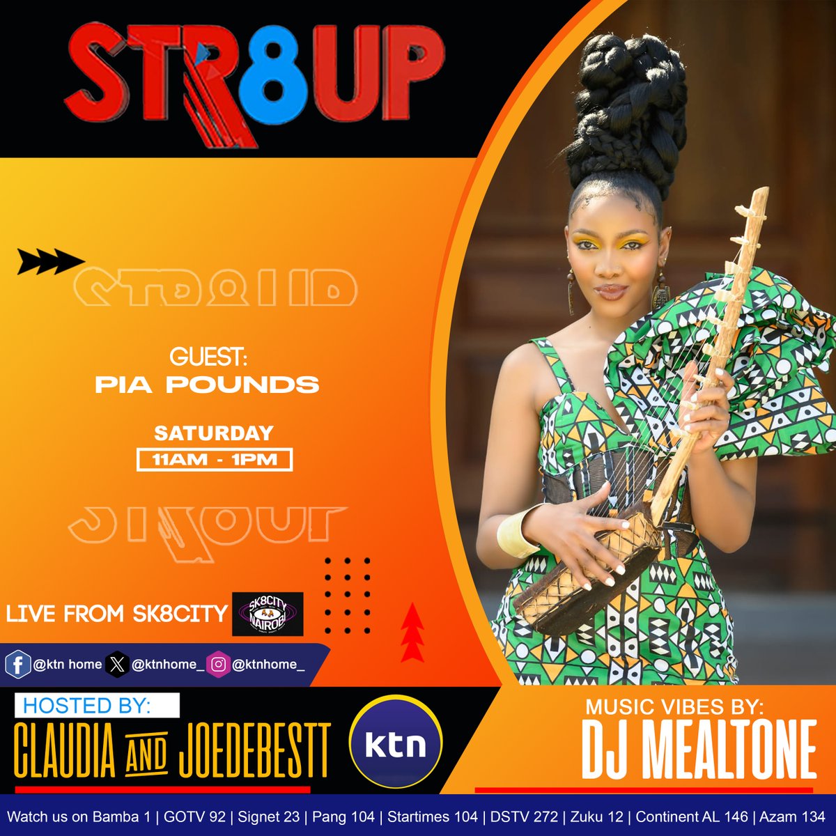 ktnhome_'s tweet image. HEAVY line-up this Saturday on #Str8Up🔥🔥 The show will be coming to you live from @Sk8cityNairobi  11AM - 1PM. Join the party live on @ktnhome_ 

@odi_wa_muranga @JUMABOY_ke @djmealtone @Claudianaisabwa @Joedebestt @ksankenya

Producer: @yustaseggy

#Str8UpLive #KTNWelcomeHome
