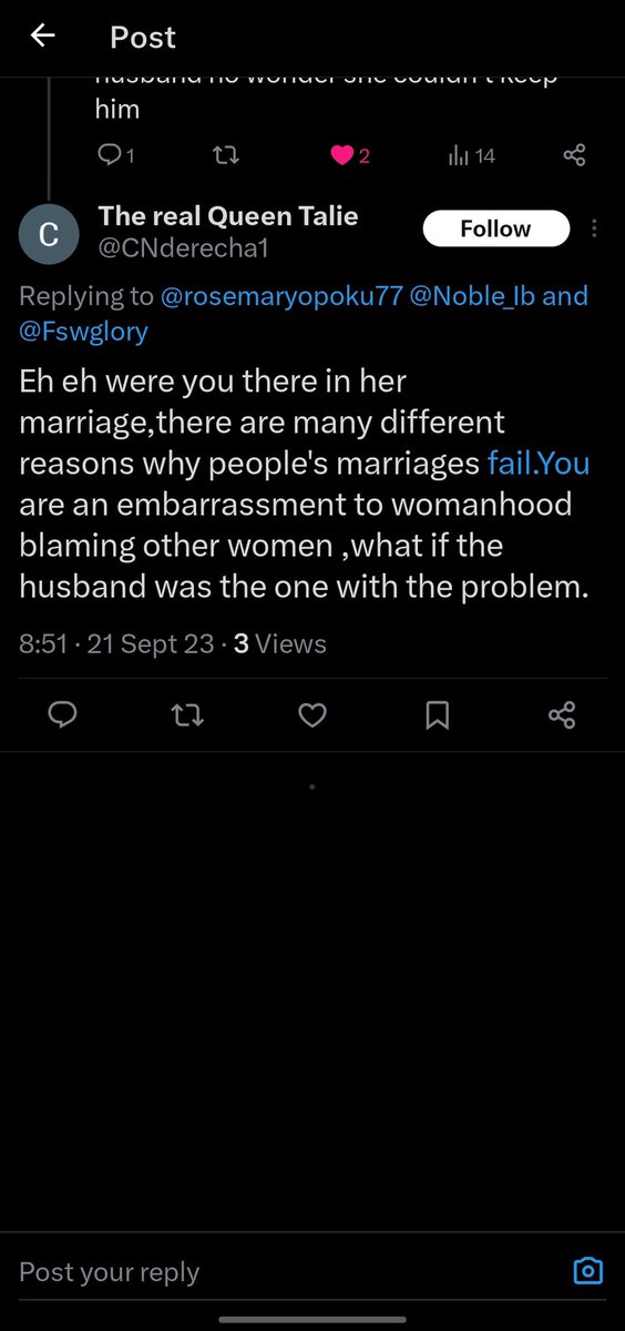 @CNderecha1 @benkingsley9 @Fswglory Judging but this comment of yours, you'd agree with me that it is justifiable if I were to ask you if you were a witness that the husband left her cos he was threatened by her intellect and her success, right?