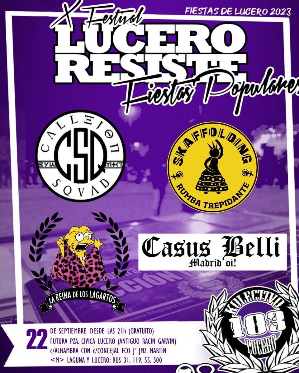 Este viernes llega el X Festival Lucero Resiste.

Contaremos con el ritmo de <a href="/skaffolding/">corrie venter</a> el Oi! a cargo de @casusbelli_mdz las barras de @callejon_squad y la fiesta de @lagartonasqueen 

Un año más música contra el fascismo, organización contra la represión