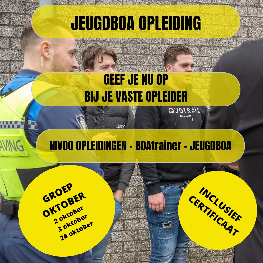 VOOR jeugdboa’s DOOR jeugdboa’s! Dat vinden wij belangrijk! De jeugdboa opleiding met unieke methodieken voor je werk! Bijna iedere maand een opleiding! Gaat altijd door! Geef je op via je opleider: @BOAtrainer <a href="/NIVOO_Opleiding/">NIVOO Opleidingen</a> <a href="/jeugdboa/">JeugdBoa</a>