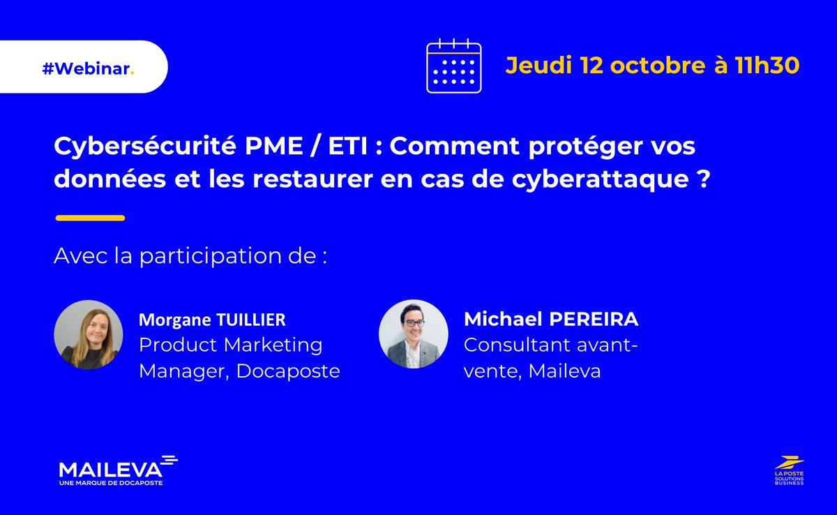Maileva_com's tweet photo. #Webinar Cybersécurité PME / ETI : Comment protéger vos données et les restaurer en cas de cyberattaque ? 

🗓️ Rejoignez nous le jeudi 12/10 à 11h30

👉 Pour vous inscrire c'est par ici : https://t.co/ljTAuXP5Np

#Cybersécurité #Cyberattaque #TankR #ETI #PME https://t.co/LRliIMCwts